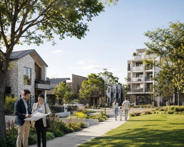 Modern Australian community with homes, apartments, open space and people reviewing plans.