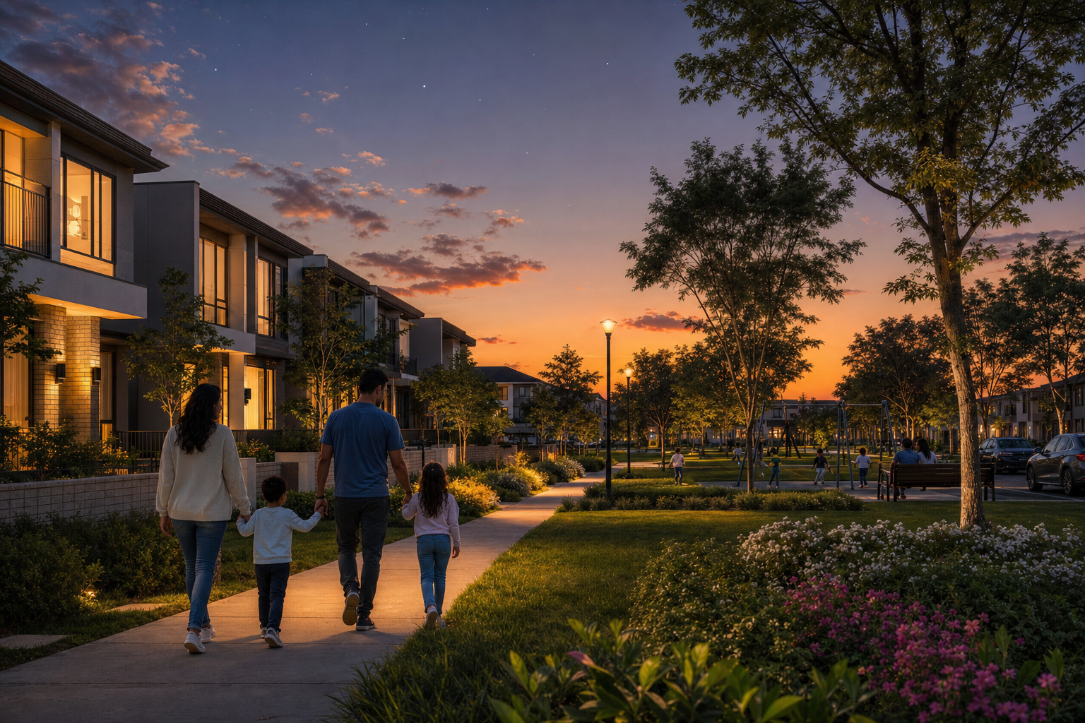 Serene Suburban Neighborhood With Family Walking At Dusk