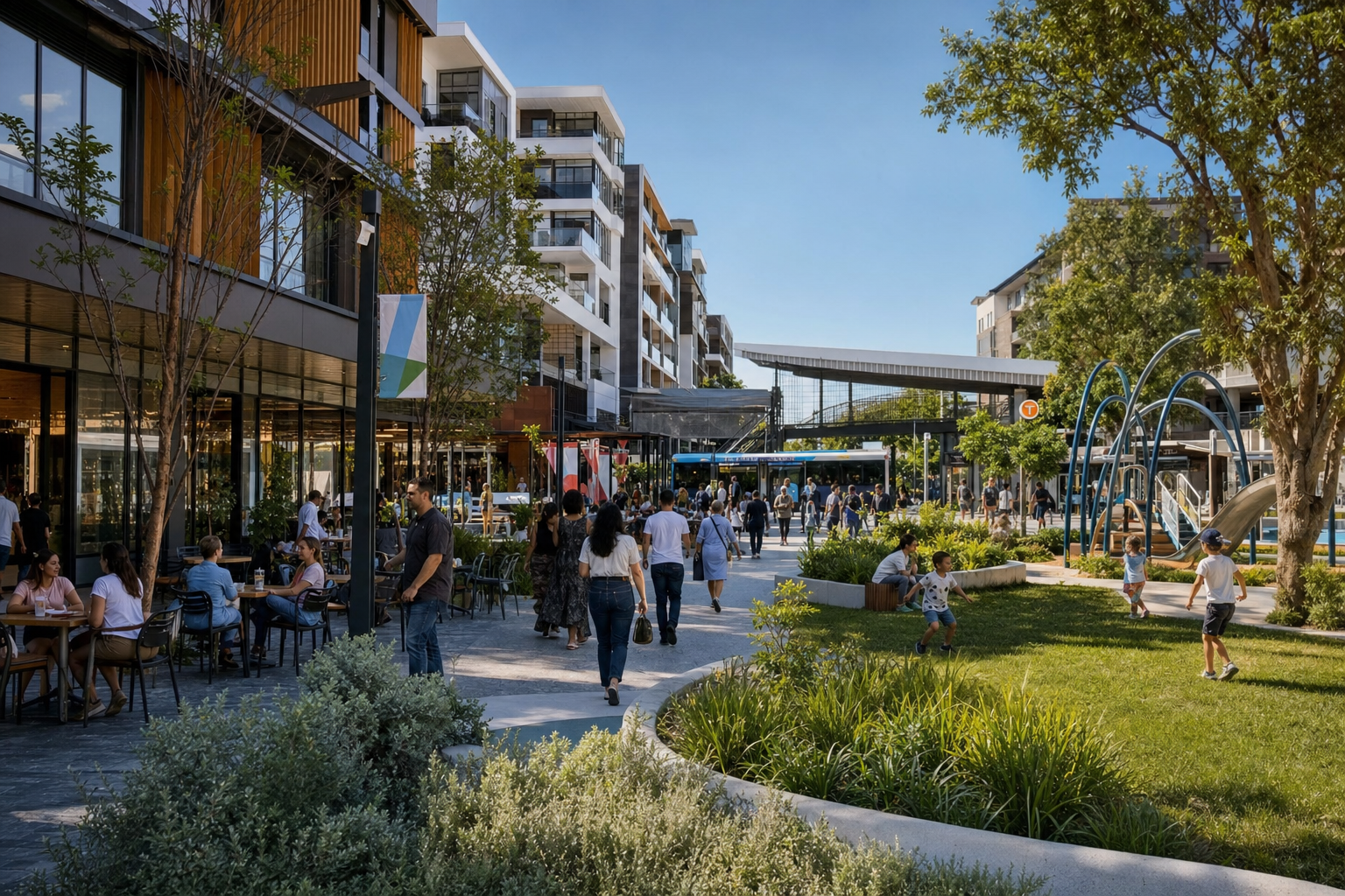 Vibrant Modern Town Centre With Blue Sky